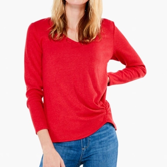 NWT Nic + Zoe Cozy Rib Twist Front 3/4 Sleeve Top Pop Red - Picture 1 of 7